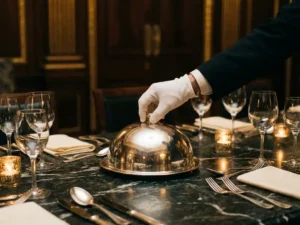 Witte gehandschoende hand die een zilveren stolp plaatst op een marmeren tafel met kristallen glazen en bestek bij kaarslicht.