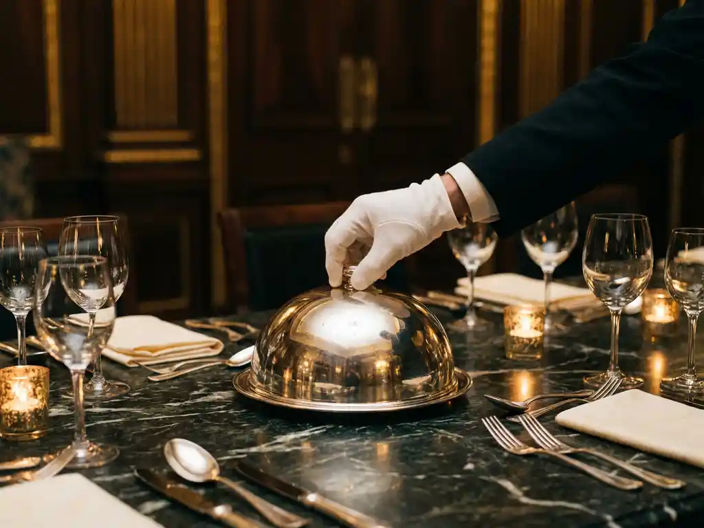 Witte gehandschoende hand die een zilveren stolp plaatst op een marmeren tafel met kristallen glazen en bestek bij kaarslicht.