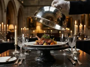 Zilveren stolp onthuld boven elegant opgemaakt gourmantgerecht op donker marmer, kaarslicht weerspiegeld in kristal en bestek.