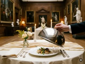 Zilveren cloché die wordt opgetild boven een elegant gepresenteerd voorgerecht op wit porselein, met linnen servet en bloemenvaasje, bij kaarslicht in een museumzaal.