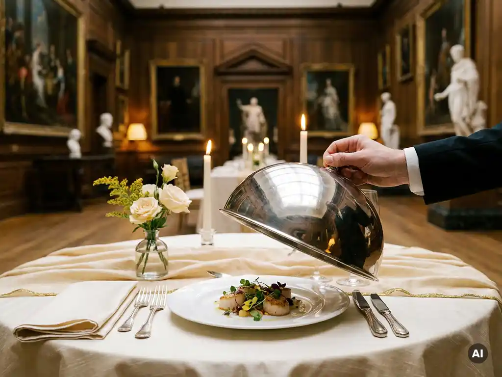 Zilveren cloché die wordt opgetild boven een elegant gepresenteerd voorgerecht op wit porselein, met linnen servet en bloemenvaasje, bij kaarslicht in een museumzaal.