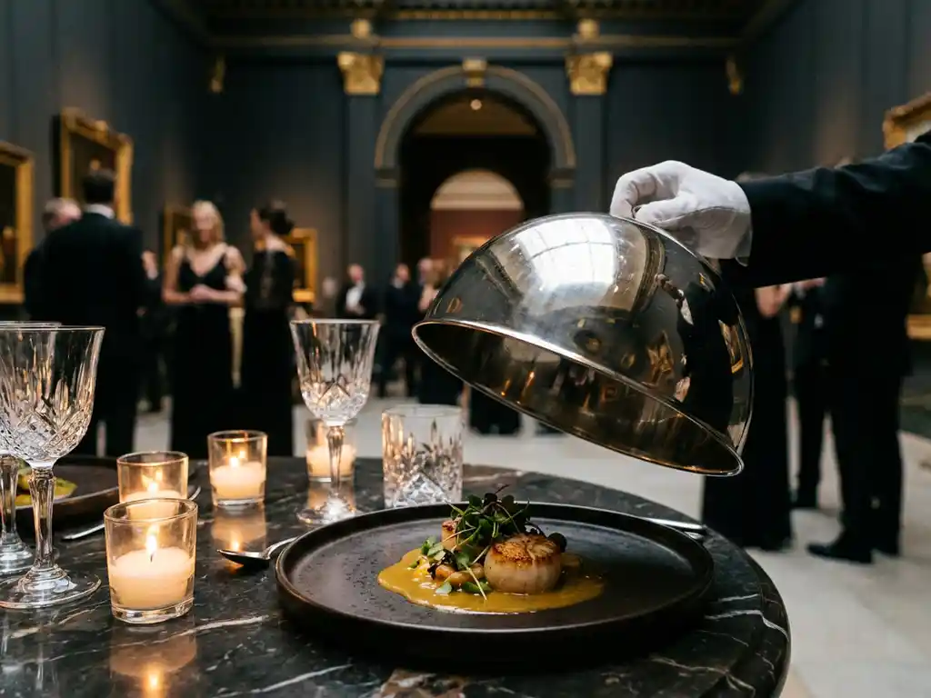 Zilveren stolp die wordt opgetild boven een verfijnd opgemaakt bord, omringd door kristallen glazen en kaarslicht op donker marmer.