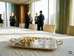 Zilveren serveerschaal met elegante canapés en gebrandmerkte glazen op een wit linnen tafel in een lichte vergaderzaal.