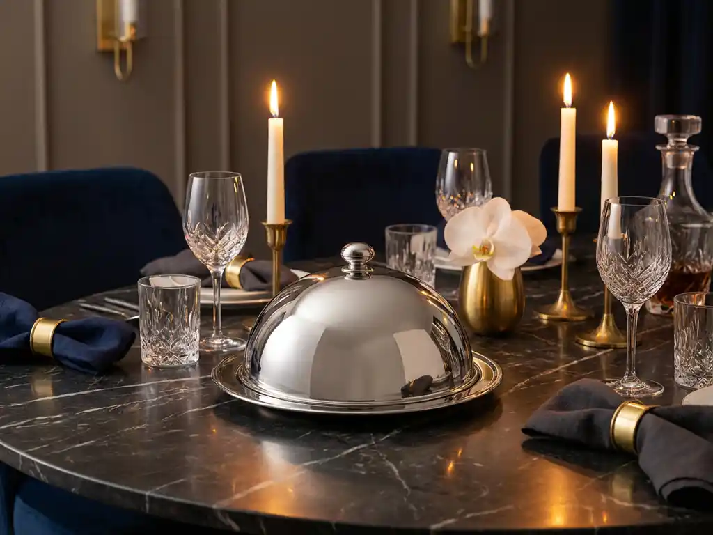 Zilveren serveerschotel op donker marmeren tafel, omringd door kristallen glaswerk en witte orchidee bij kaarslicht.